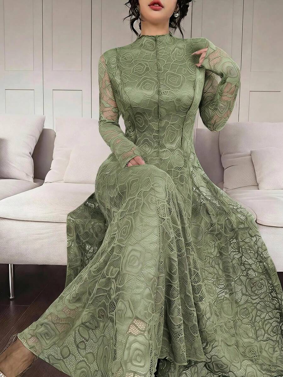 Feyla 優雅白色蕾絲女款長洋裝 - 灰綠 - 查看 1