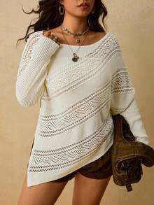 Freevana Plus Size Batwing Long Sleeve Asymmetric White Pointelle Knit Sweater With Slouchy Neck Ribbed Cuffs Diagonal Hem For Autumn Formal Vacation Bohemian - White - View 8