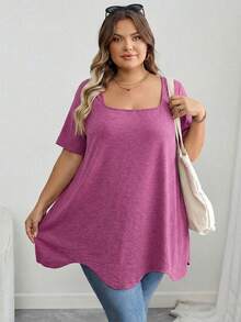 SHEIN CURVE+ 大码曲线/秋季服装/秋季女装/冬季女装/冬季服装大码方领不对称下摆口袋短袖T恤大码黑色上衣8XL女装6XL大码女装5XL大码大码上衣曲线，女士假日装扮女士秋季服装，冬季，曲线加大码 - 玫紅色 - 查看 6