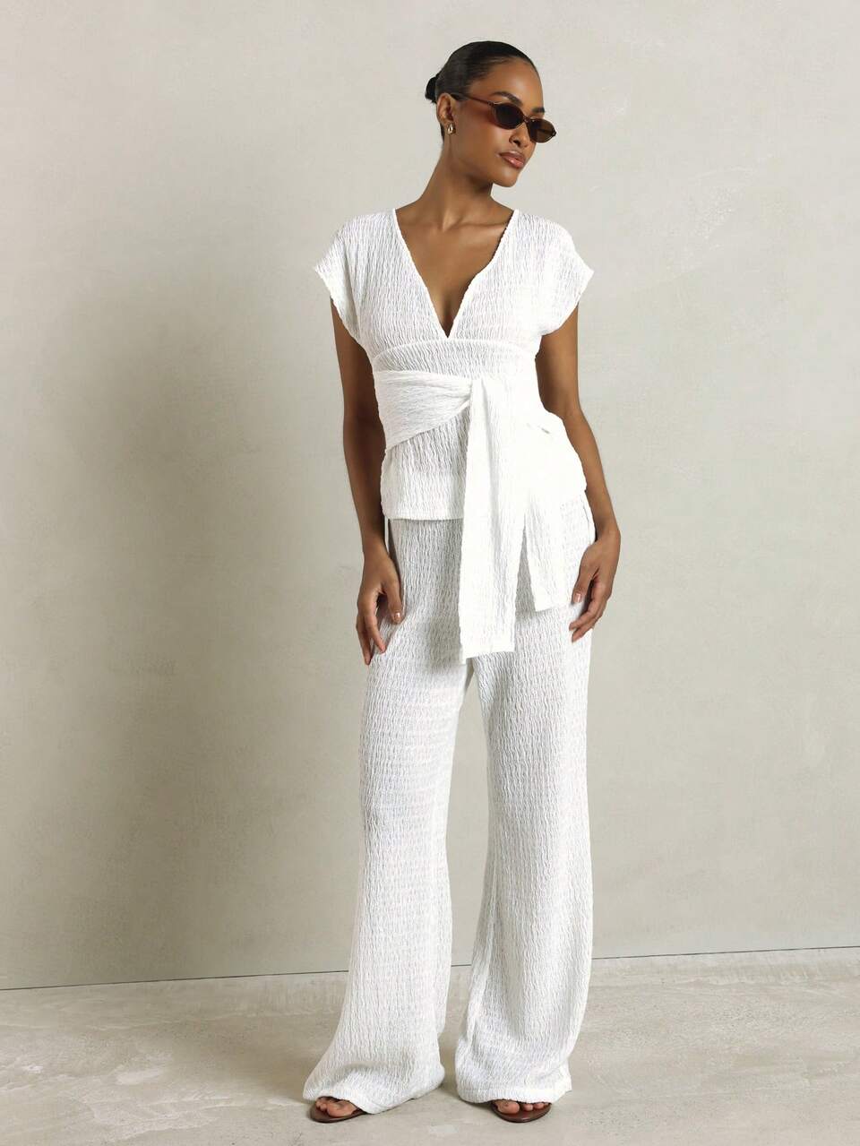 KSTM Textured Wrap V-Neck Top With Cap Sleeves, Open Back Tie Detail, Waist Tie, Summer Vacation Style Brunch White Sexy Elegant Tropical