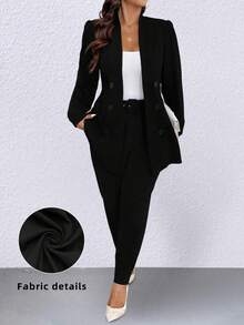 Elenzga Plus Size Black Elegant Formal Office Wear Long Sleeve Blazer & Trousers Suit Set For Women,Autumn Fall Solid Color Graduation Back To School Outfit - Black - View 1