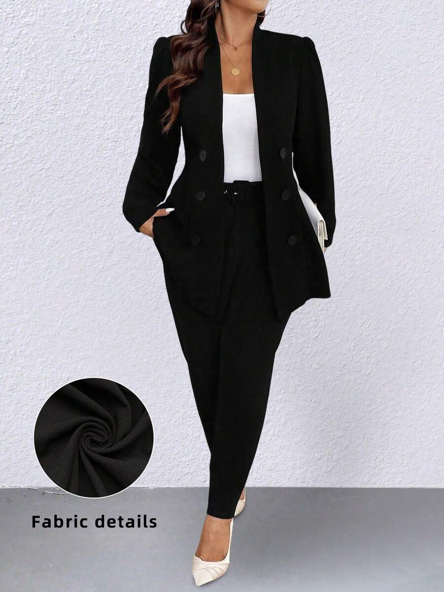 Elenzga Plus Size Black Elegant Formal Office Wear Long Sleeve Blazer & Trousers Suit Set For Women,Autumn Fall Solid Color Graduation Back To School Outfit - Black - View 1
