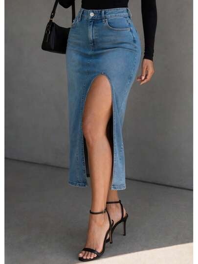 Midi Skirt For Women. Skirt With High Front Overture. Stretch. High Shot. Fashion. Versatile
