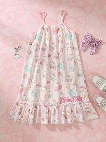 HELLO KITTY AND FRIENDS | SHEIN Tween Girl Cartoon Print Ruffle Hem Cami Dress - Yellow - View 1