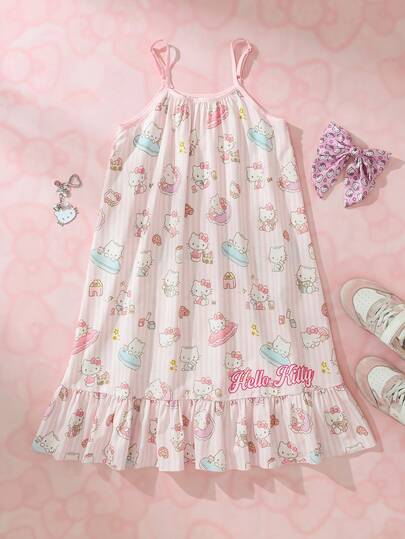 HELLO KITTY AND FRIENDS | SHEIN Gaun Cami Bermotif Kartun dengan Hem Berkerut untuk Remaja Perempuan