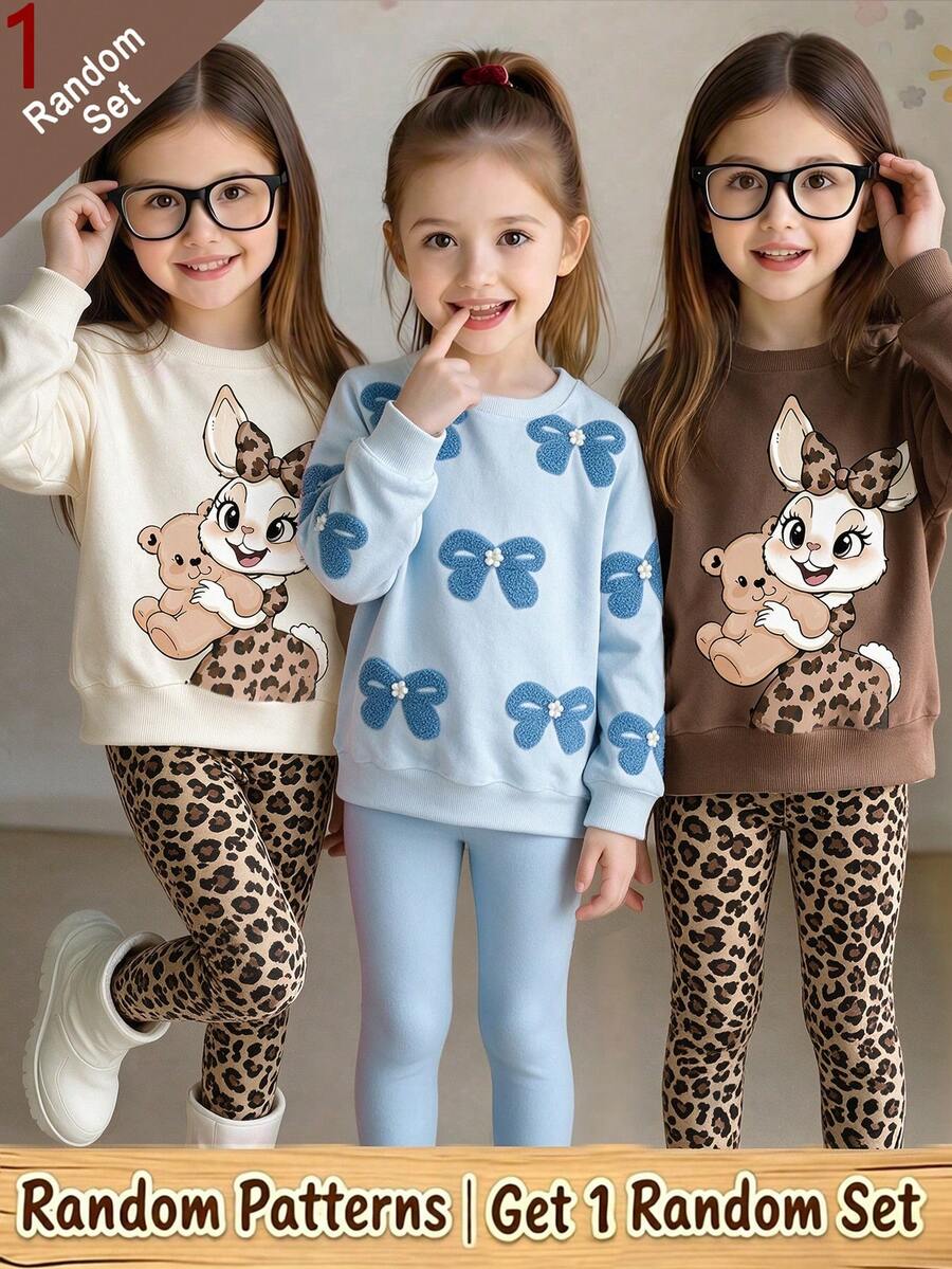 SHEIN Young Girl Cute Sweet Leopard Print Butterfly Animal Rabbit And Bear Print, Girls 2 Pieces Set Round Neck Sweatshirt And Pants, Suitable For All Seasons, Casual Comfortable, Versatile - Multicolor - View 1