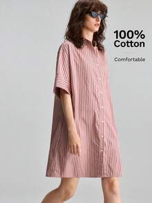 Ontre 女款舒適粉色條紋短袖襯衫洋裝 夏季波希米亞風休閒度假穿搭 海邊現代都市早午餐造型 - 粉色 - 查看 6