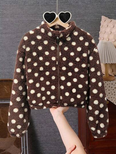 SHEIN 1pc Tween Girl Tween Girl' Stand Collar Zipper Front Cuffed Fuzzy Jacket With All-Over Heart Print, Casual Jacket Top, Thermal Lined Thickened For Autumn/Winter