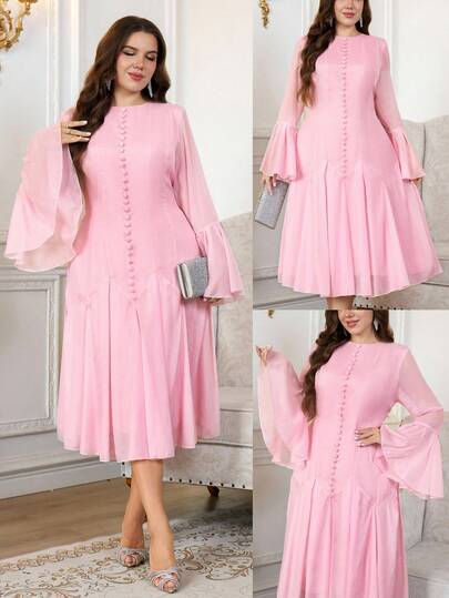 Reflora Plus Size Women's Autumn Dress Elegant Mid-Length Pastel Pink Long Sleeve Romantic Flowy Tea Party Brunch Dinner Mother Of The Bride High Tea Wedding