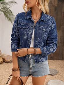 EMERY ROSE Chaqueta casual de mujer con efecto lavado y jacquard - Azul - Ver 1