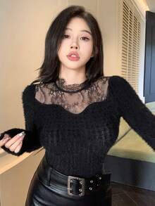 DAZY 秋季半高領長袖黑色毛絨蕾絲網紗拼接透視花卉婚宴修身上衣 優雅通勤女款T恤 - 黑色 - 查看 9
