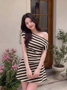 SHEIN MOD Striped One-Shoulder Fitted Mini Vacation Dress,Country, Holiday Outfits For Women ,Vacation,Party, Back To School,Campus - Multicolor - View 1