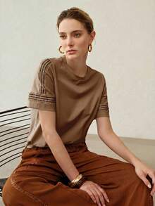 MOTF PREMIUM WOMEN SUMMER SOLID LACE INSERT SHORT SLEEVE TEE - Coffee Brown - View 5