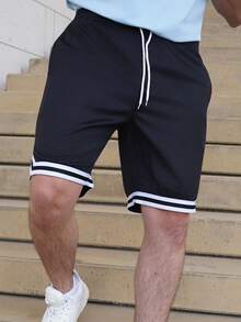 LEOGASHI Men's Street Academy Style Black And White Casual Shorts,Summer Loose-Fitting Gym Sporty Wear,High Street Color-Blocking Drawstring Design - Black - View 4