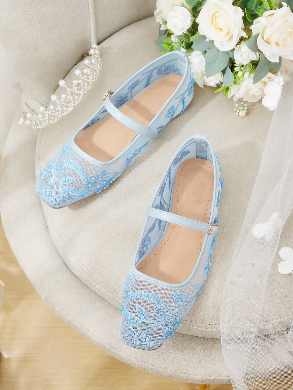 CUCCOO HITCHD Women's Mesh Embroidery Flower Pattern Beaded Design Square Toe Mary Jane Flat-Soled Shoes Buckle French Low Vamp Soft-Soled