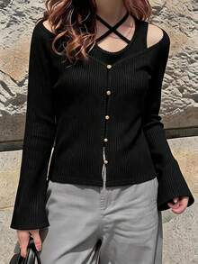 FRIFUL Women's Early Autumn New Korean Style Cross-Tie Neckline Open Shoulder Bell Sleeve 2 Pieces Set Lounge Sets For Women - Black - View 8
