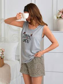 SHEIN Cottnline 100% Cotton 2 Pcs Women Sleeveless Letter And Heart Patterned Sleep Top + Leopard Pattern Shorts Casual Pajama Lounge Set - Multicolor - View 5
