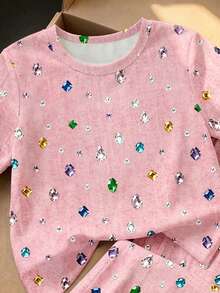 (1套) 女孩時尚休閒清新日常粉色底彩色鑽石圖案基礎短袖T恤與寬腿褲 - 彩色 - 查看 4