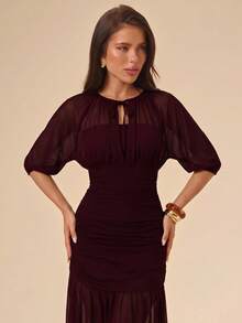 SHEIN BAE Women's Elegant Party Mesh Dress - Maroon - View 4