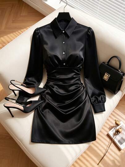 Selianne Elegant Black Knitted Bodycon Dress Women's Ruched Waist Long Sleeve Collared Mini Dress Soft Elastic Knit Fabric Sexy Slim Fit Short Dress Autumn/Winter Fashion Minimalist Commuter Dress Date Dress Cocktail Party Dress Business Casual Street Style Birthday Party Holiday Outfit Nightclub Outing Formal Casual Occasions