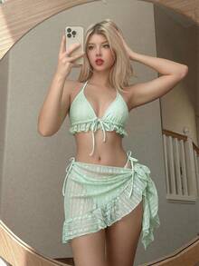 Swim Mod 女款夏季海灘純色掛脖綁帶性感時尚比基尼兩件式泳衣套裝附罩衫裙 3件組 - 霧霾藍 - 查看 1