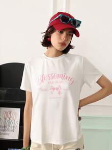 Chillnights Women's Letter Print Casual Daily Home Short Sleeve Pajama Top - White - View 2