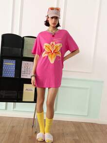 Chillnights Women's Vacation Letter & Floral Print Round Neck Casual Nightgown - Hot Pink - View 6