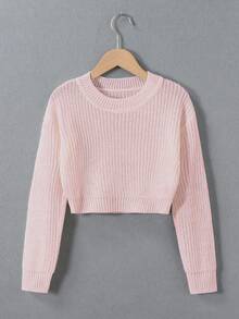 SHEIN Genkimix Kids 青少年女孩純色圓領長袖休閒毛衣 - 粉色 - 查看 5