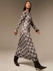 COSMINA Women's Fashion Plaid Long Dress Brunch Diner Office White And Brown Autumn Casual Vintage - Multicolor - View 5