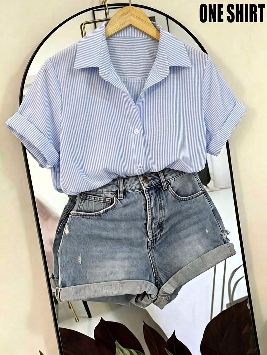 SHEIN Franclia 女款條紋泡泡袖皺褶面料短袖襯衫,適合春夏季外出與約會場合 - 藍白色 - 查看 1
