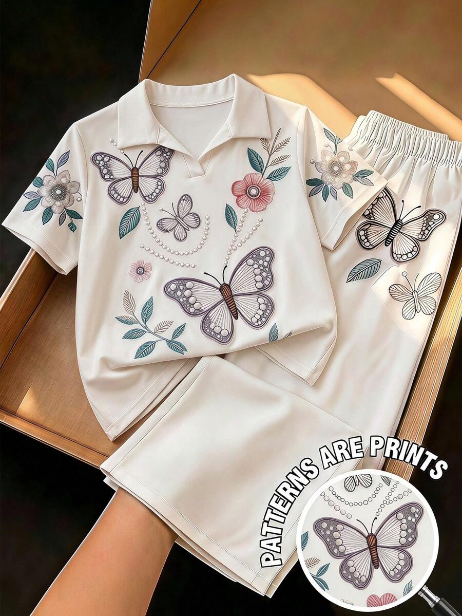 青少年女孩優雅簡約時尚 Polo 領短袖蝴蝶灰色仿印花 T 恤與寬鬆休閒長褲套裝,返校穿搭,日常穿著 - 白色 - 查看 1