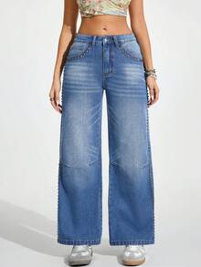Jeanoix Women's Rivet Design Pocket Wide Leg Loose Casual Street Streetwear Denim Jeans Going Out Everyday Travel Night Out Light Blue Fall - Blue - View 5