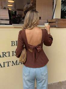 Serisse Women's Elegant Coffee Brown Linen Boat Neck Backless Bow Decor Ruffle Hem Long Sleeves Blouse,Vacation Date Night Fashionable Top,Four Seasons Fall - Brown - View 2