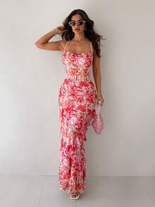 Sirith Women's Cross Strap Cowl Neck Ruffle Vintage Floral Print Cinched Waist Mesh High Elastic Ruffle Vacation Elegant Date Party Pink Dress - Pink - View 3