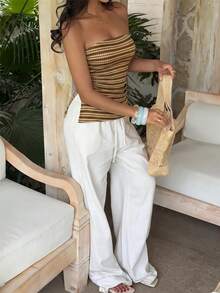SHEIN EZwear 棕色條紋針織抹胸上衣 - 棕色 - 查看 7