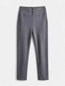 SHEIN BASICS 女款極簡百搭鈕扣修身內搭褲 - 深灰色 - 查看 3