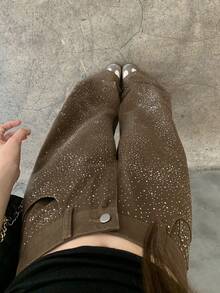 DAZY Rhinestone Embellished Loose Fit Casual Vacation Streetwear Spring Autumn Long Pants Women's Jeans - Khaki - View 6