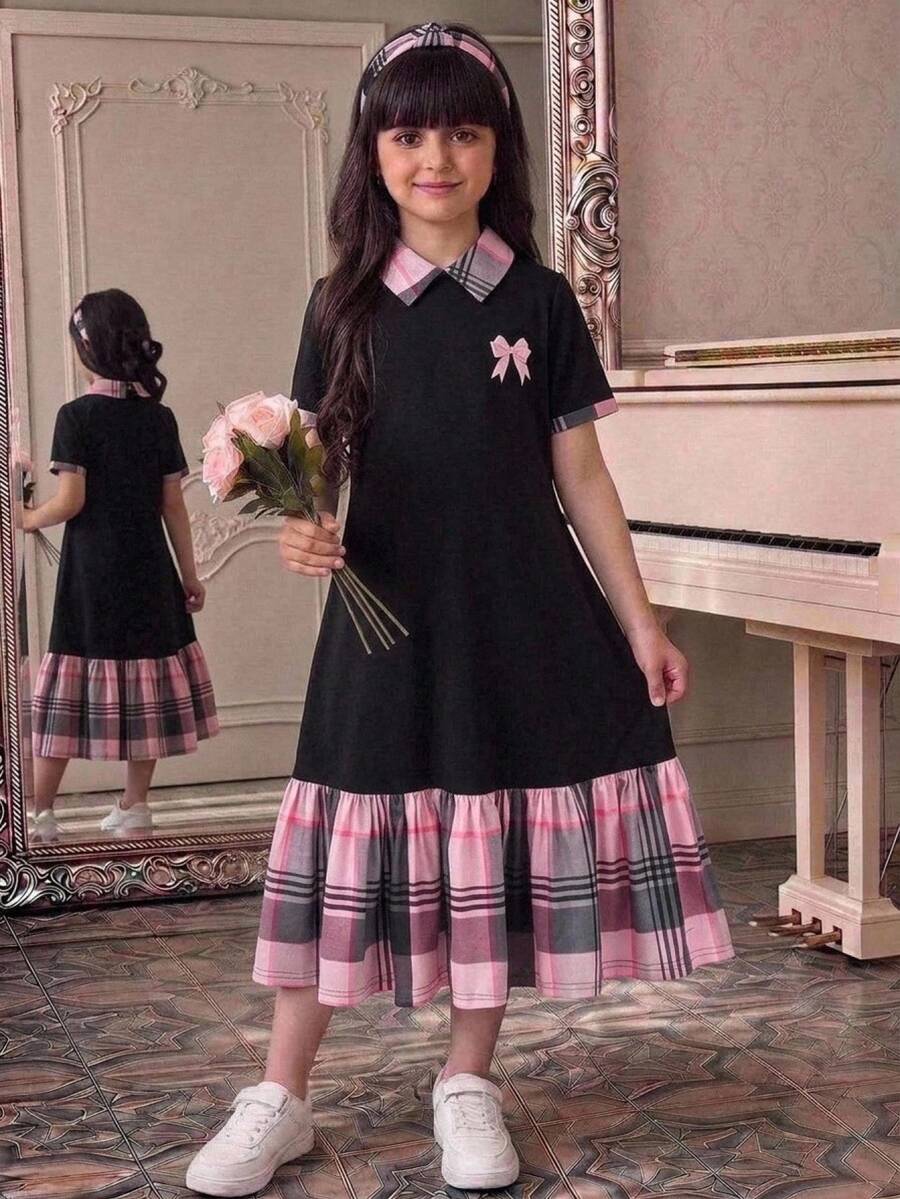 SHEIN 女童青少年休閒舒適立領拼色格紋拼接黑色蝴蝶結印花洋裝,返校季公主風洋裝 - 黑色 - 查看 1