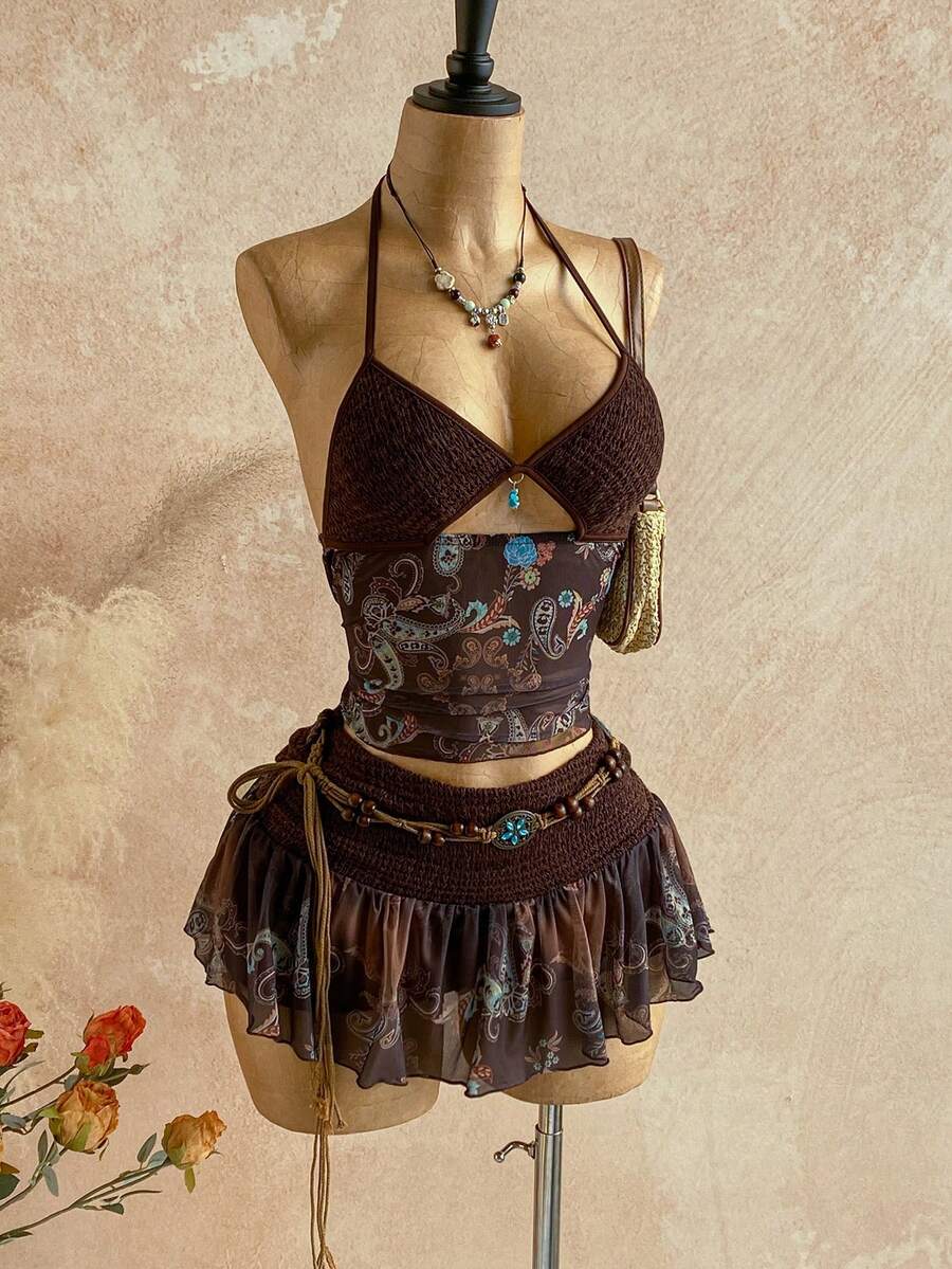 Soleia 女士度假腰果印花镂空设计性感露背背心和迷你裙套装 - 棕色 - 查看 1