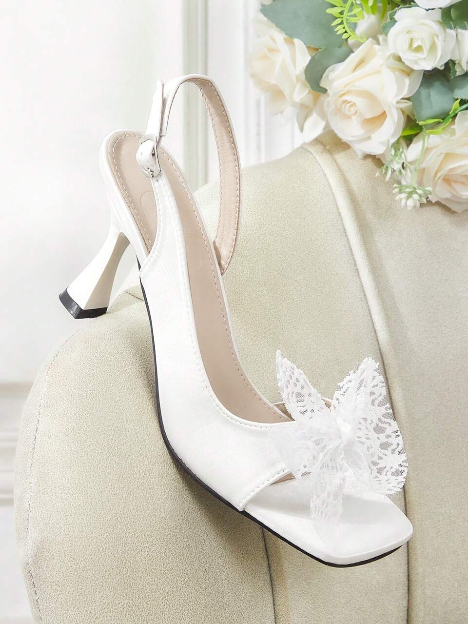 CUCCOO HITCHD Transparent Mesh Embroidered Bridal High Heels, Ankle Straps, Bow High Heels, Suitable For Wedding Ceremonies And Bridal Wear