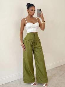 Sirith Women's Solid Color High Waist Eyelet Lace-Up Wide Leg Long Pants - Army Green - View 6