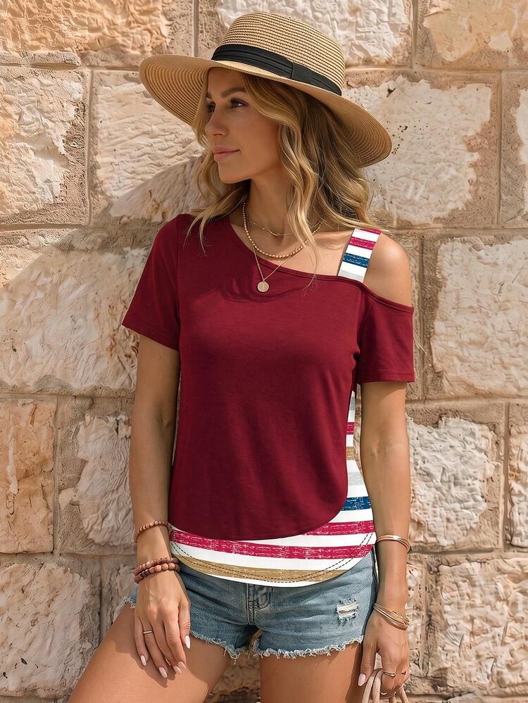 EMERY ROSE Women Solid Color Patchwork Short Sleeve Casual Tops - Multicolor - View 1