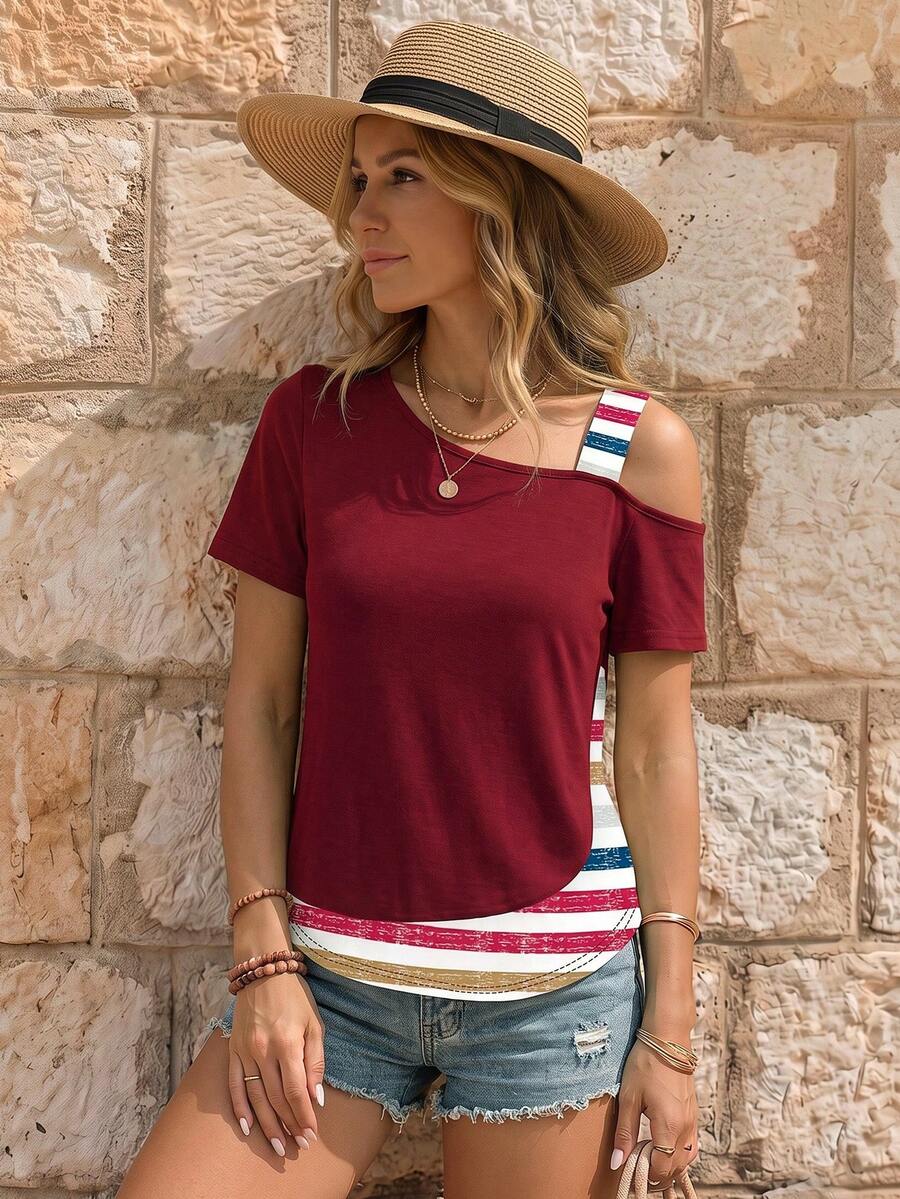 EMERY ROSE Women Solid Color Patchwork Short Sleeve Casual Tops - Multicolor - View 1