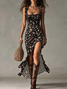 Glimmora Women's Fashion Frill Trim Spaghetti Strap Full Print Dress - Black - View 1