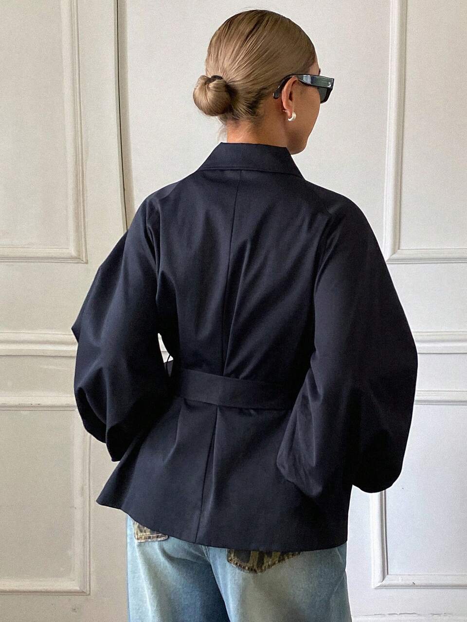 Solid Color Loose Fit Lapel Long Sleeve Belted Elegant Vacation Streetwear Spring Autumn Jacket Coat Women Regular Fit