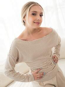 Ximena Robles Ximena Robles Women's Striped Asymmetrical Shoulder Slim Fit T-Shirt Vacation For Women Summer For Women - Apricot - View 1