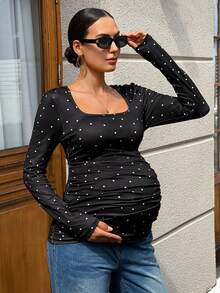 MaterniWear Maternity Fashion Versatile Polka Dot Print Ruched Long Sleeve T-Shirt Fall Social Blouse - Black - View 7