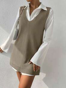 Cloudara Split Hem Sweater Vest Without Blouse - Camel - View 3