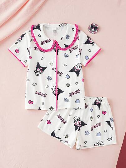 HELLO KITTY AND FRIENDS | SHEIN 2pcs/Set Cute & Fun Style Young Girl Home Wear Peter Pan Collar Short Sleeve Shirt & Shorts