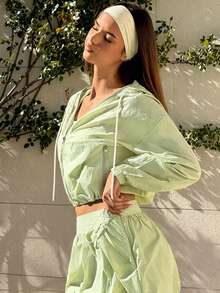 Fluxe Women Mint Green UV Protection Zip Up Hooded Cropped Jacket Long Sleeve Lightweight Sun Protection Gym Running Hiking Athletic Sportswear - Mint Green - View 7